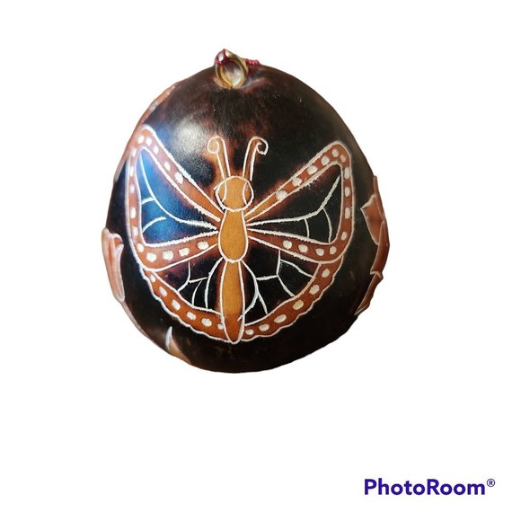 Lu Cuma Handmade In Peru Gourd Ornament Flowers Butterflys Browns EUC - Picture 3 of 8